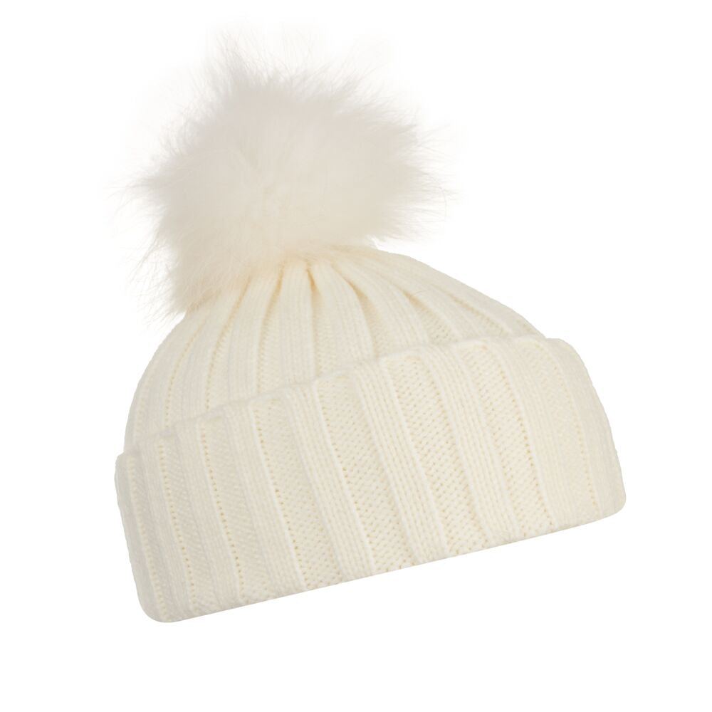 Ribbed Pom Pom Hat – White M/L