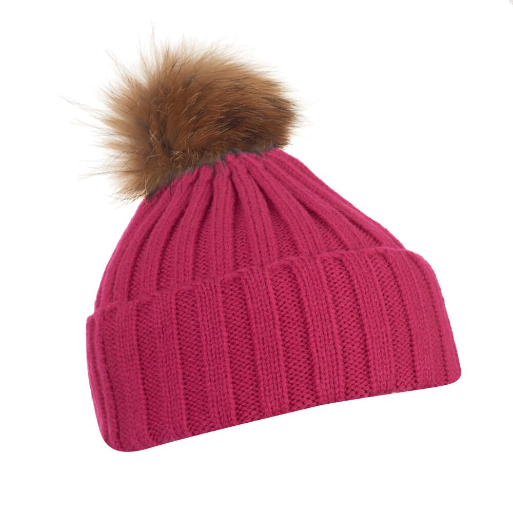 Ribbed Pom Pom Hat – Bright Pink/Natural M/L