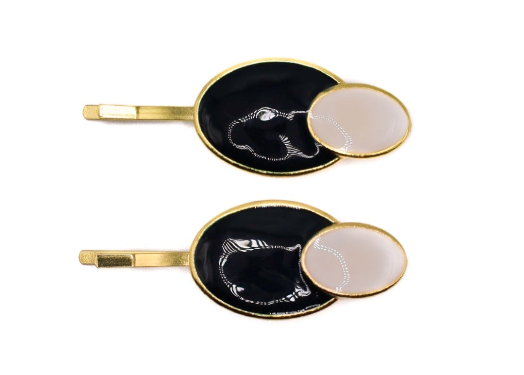 Thea - Navy, White & Gold Oval Hair Slides