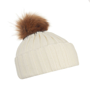 Ribbed Pom Pom Hat - White/Natural M/L