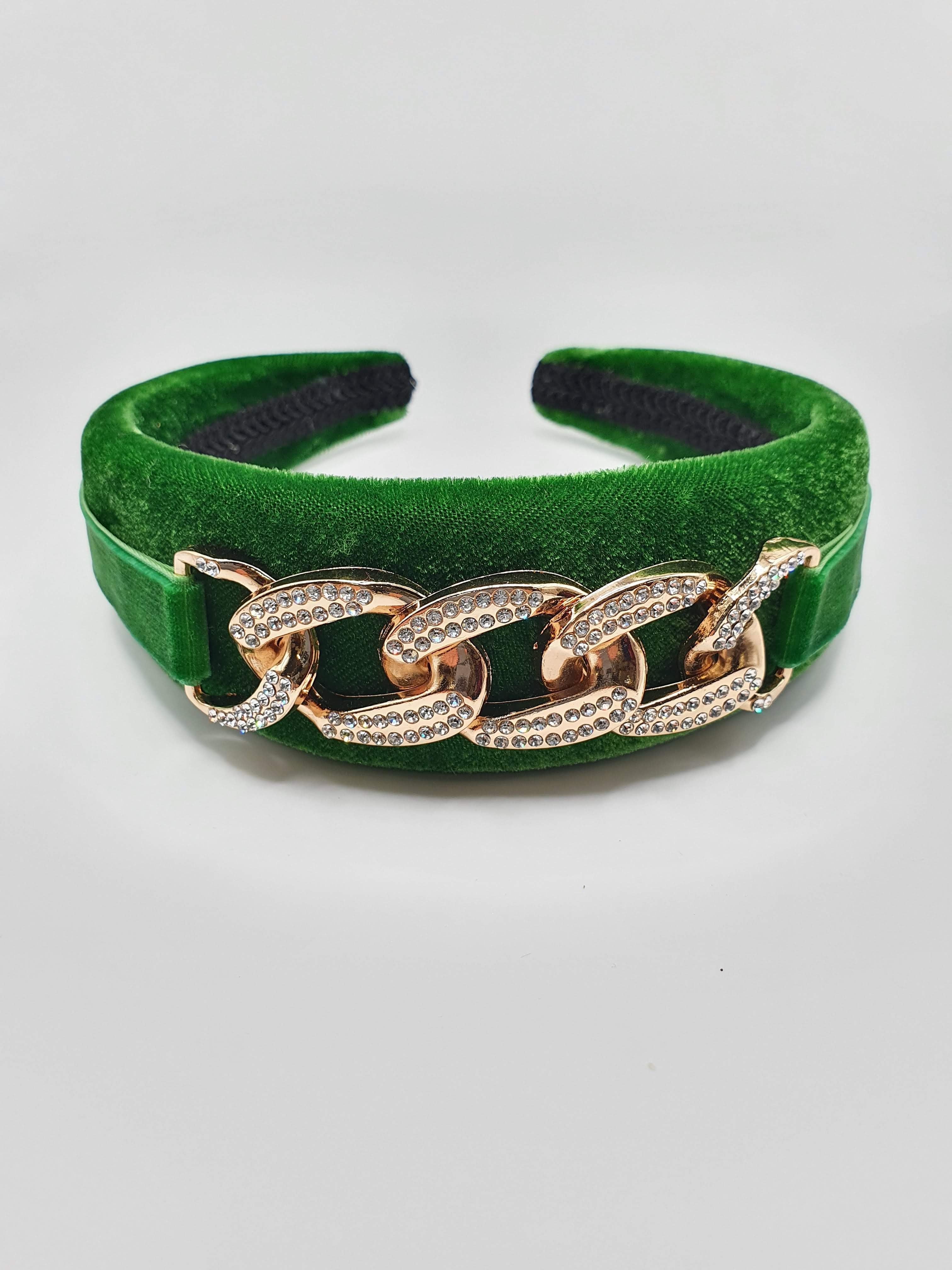 Gemma - Emerald Green Diamante Chain Velvet Hairband