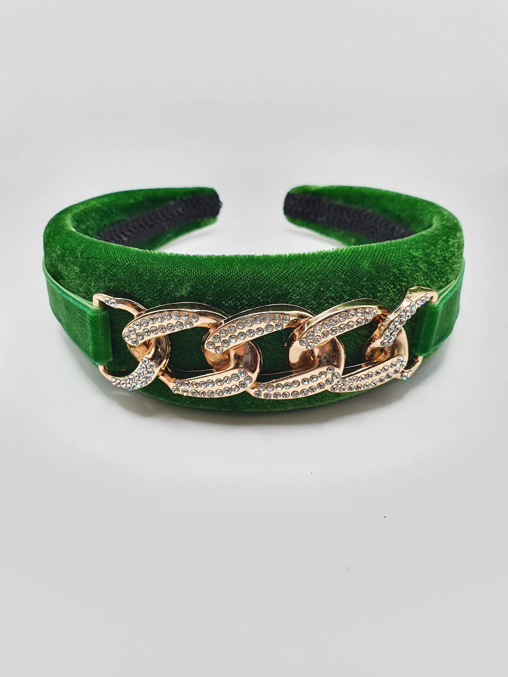 Gemma - Emerald Green Diamante Chain Velvet Hairband