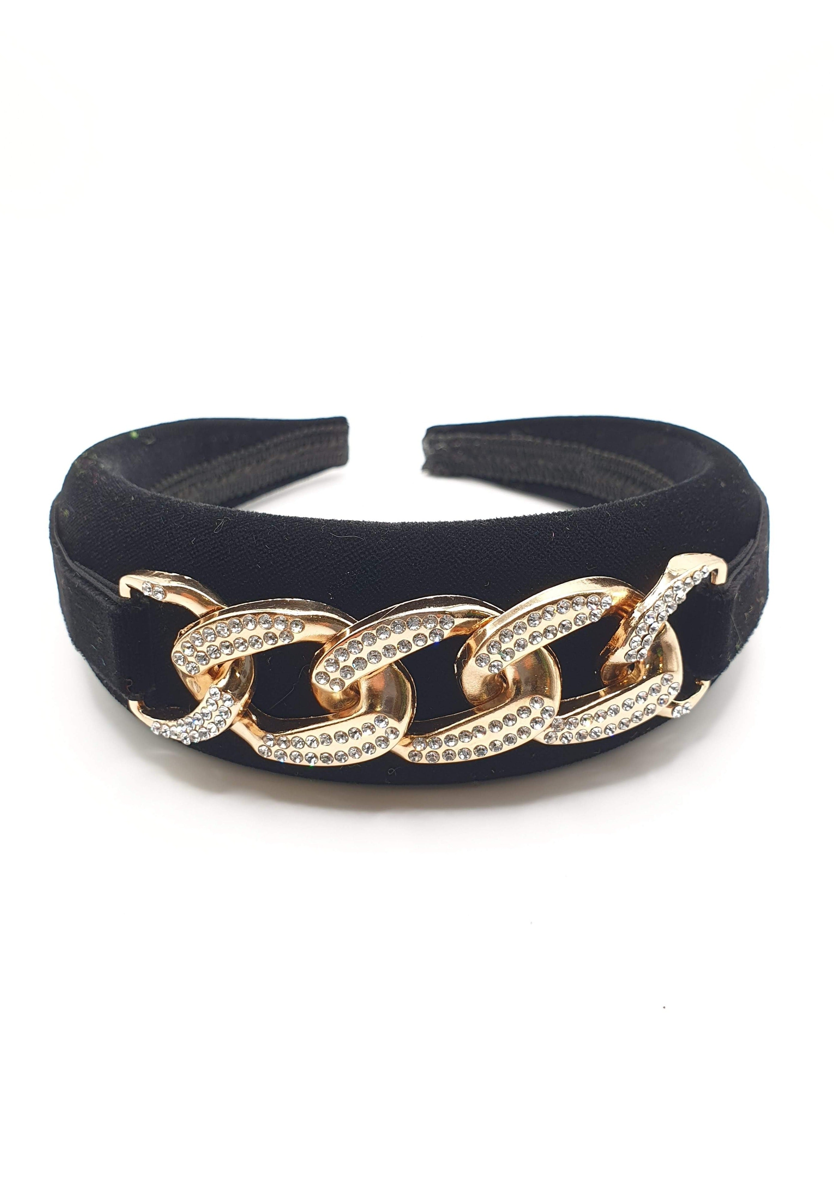 Gemma - Black Diamante Chain Velvet Hairband