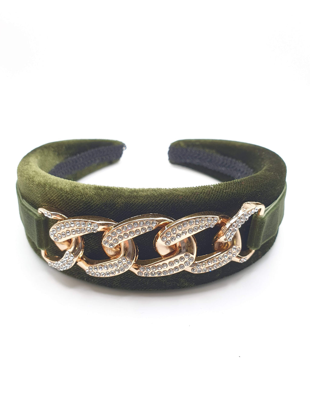 Gemma - Olive Diamante Chain Velvet Hairband