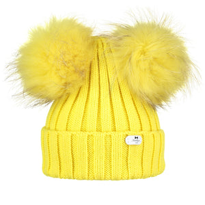 Ribbed 2 Pom Pom Hat – Yellow S/M