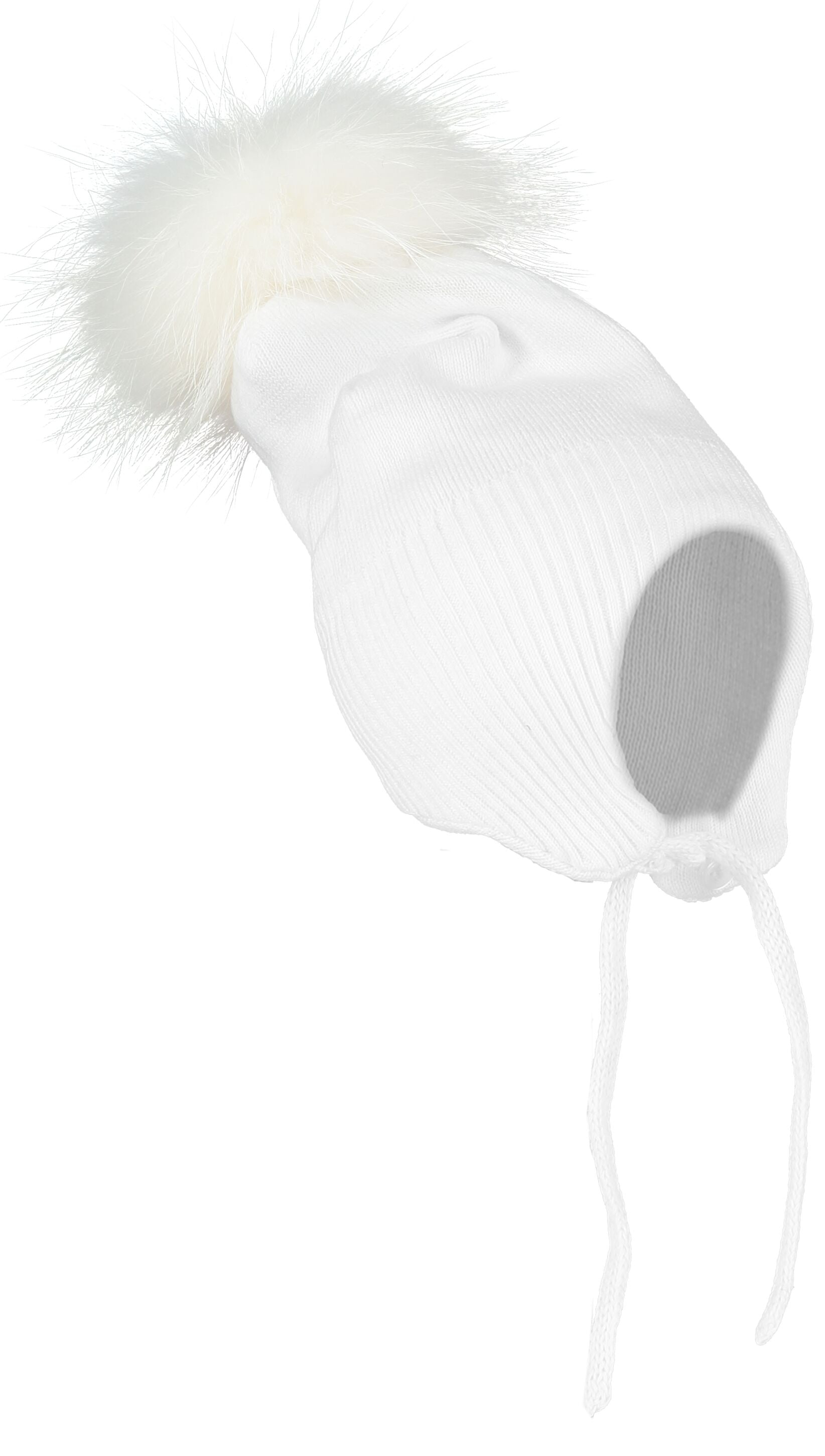 Pom Pom Hat With Ties - White 6-12 Months