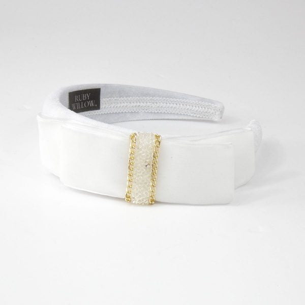 Hannah - White Velvet Crystal Bow Hairband