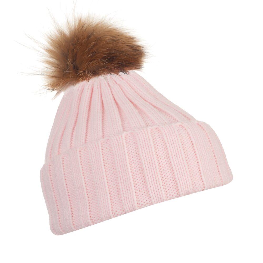 Ribbed Pom Pom Hat - Pink /Natural S/M