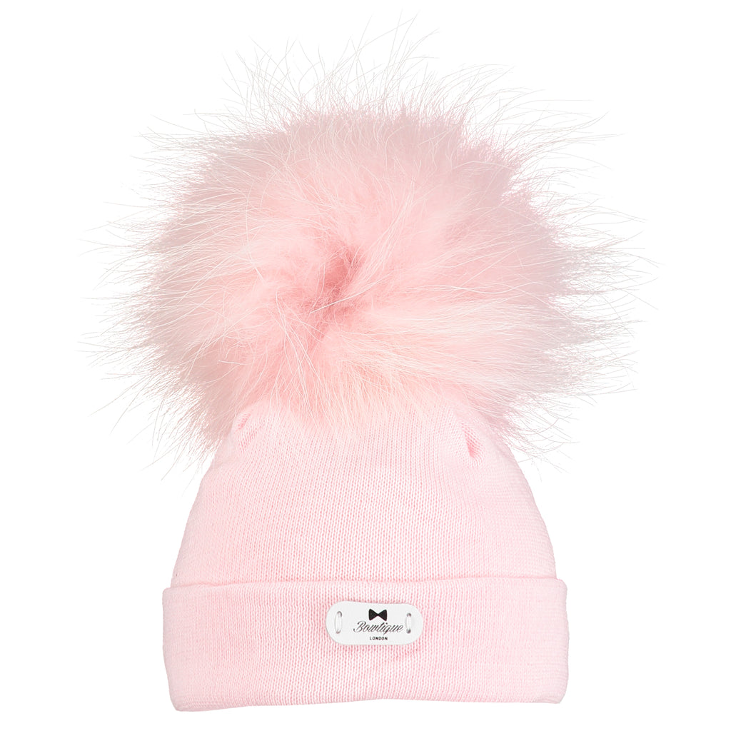 Fine Knit Pom Hat - Pale Pink 6-12 Months