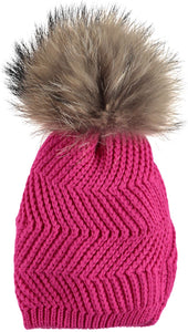 Zig Zag Pom Pom Hat – Bright Pink/Natural 6-12 Months