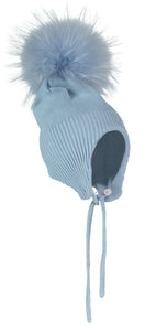 Pom Pom Hat With Ties - Pale Blue 6-12 Months