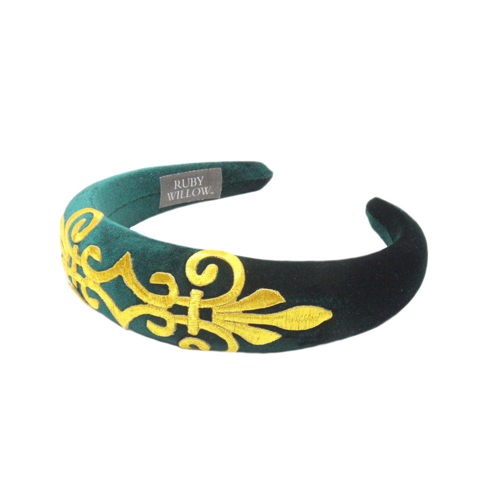 Gabriella - Hunter Green Velvet Padded Hairband With Gold Scroll