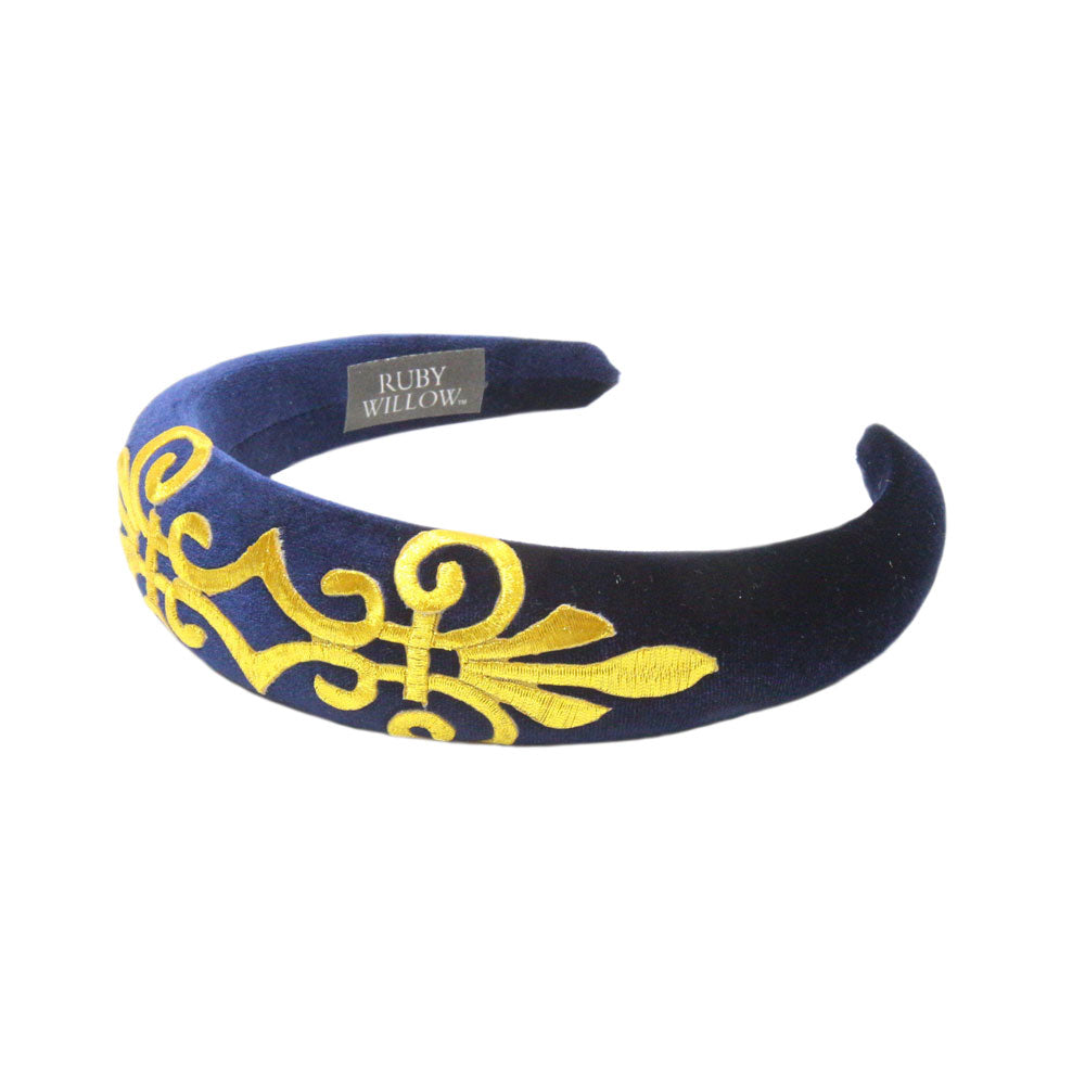 Gabriella - Navy Velvet Padded Hairband With Gold Scroll