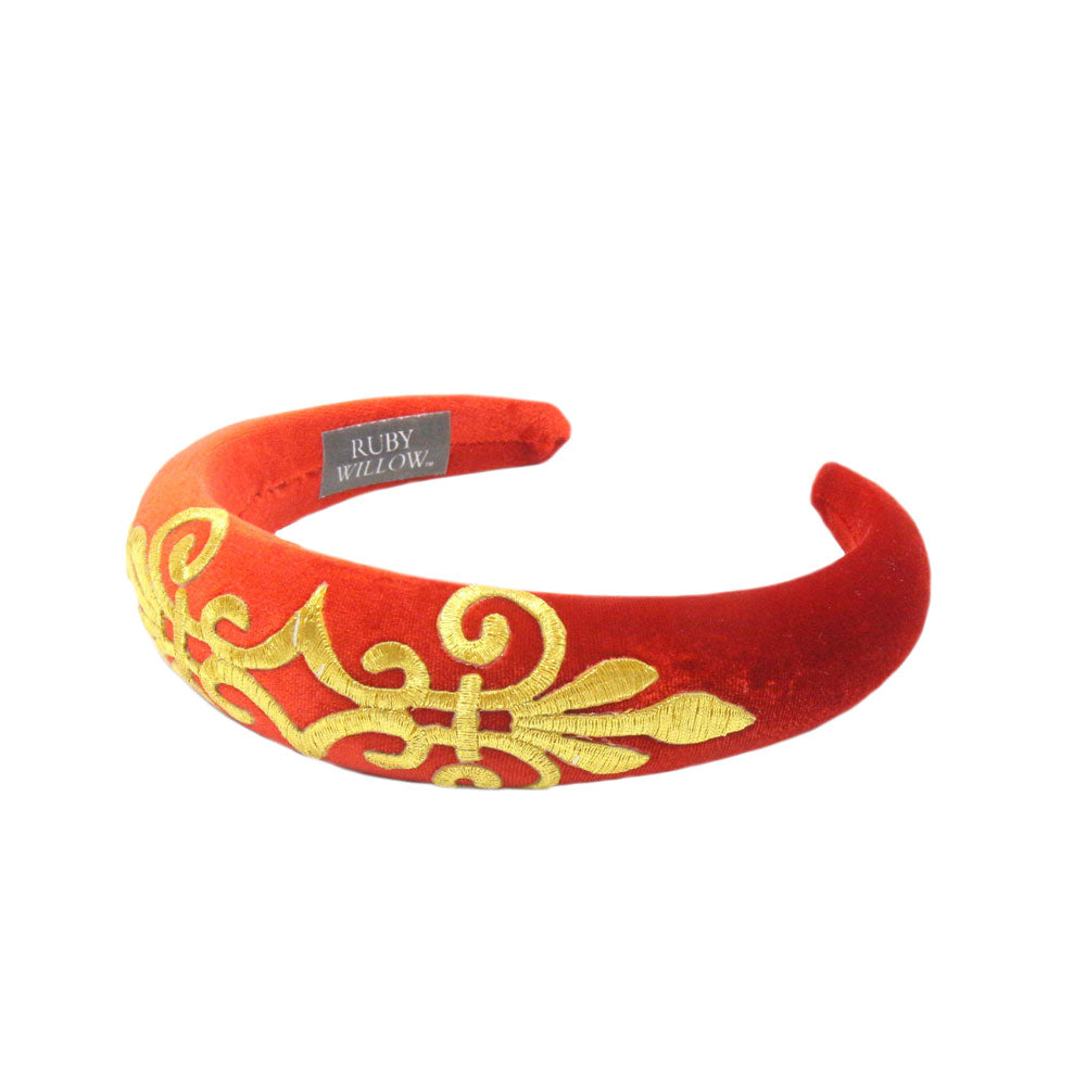 Gabriella - Red Velvet Padded Hairband With Gold Scroll