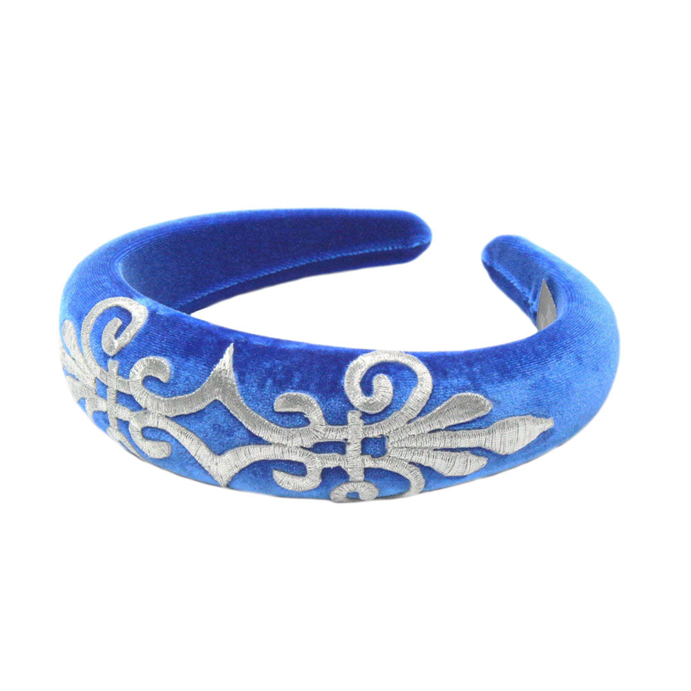 Gabriella - Royal Blue Velvet Padded Hairband With Silver Scroll