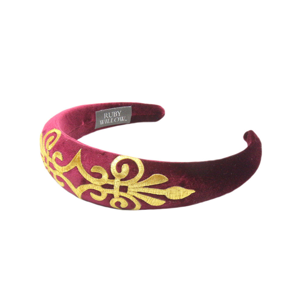 Gabriella - Wine Red Velvet Padded Hairband With Gold Scroll