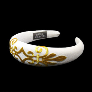 Gabriella - Ivory Velvet Padded Hairband With Gold Scroll