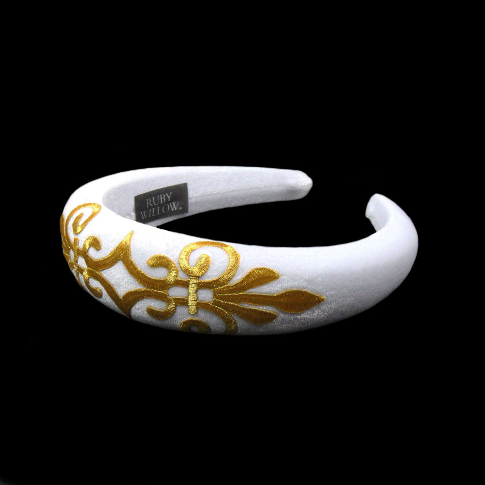 Gabriella - White Velvet Padded Hairband With Gold Scroll