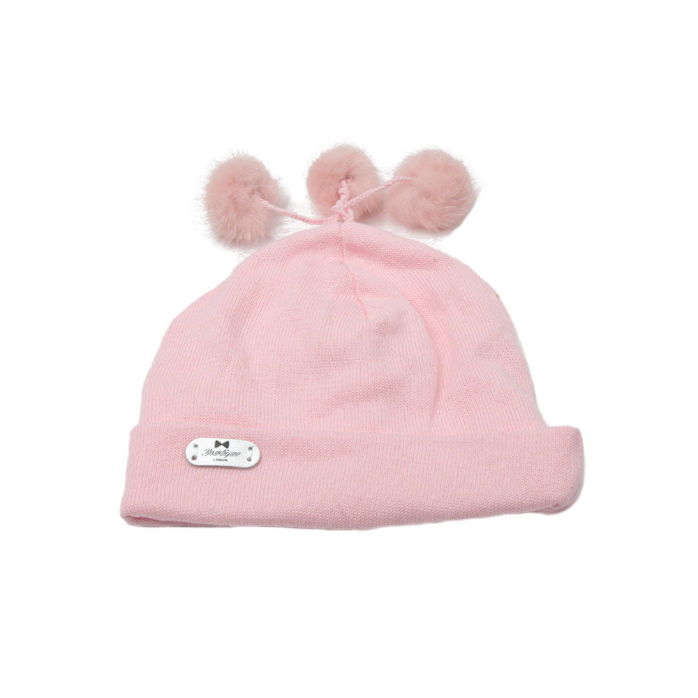 Fine Cotton Knit Hat Triple Pom Pom – Pale Pink 6-12 Months