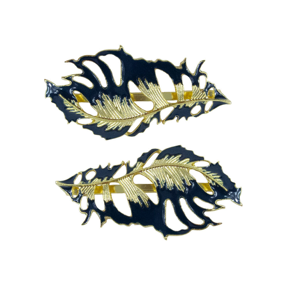 Jacinta - Navy & Gold Feather Hair Slides