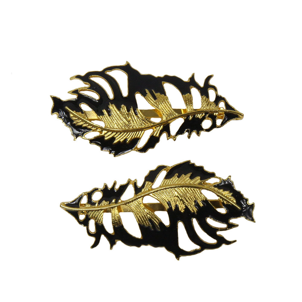 Jacinta - Black & Gold Feather Hair Slides