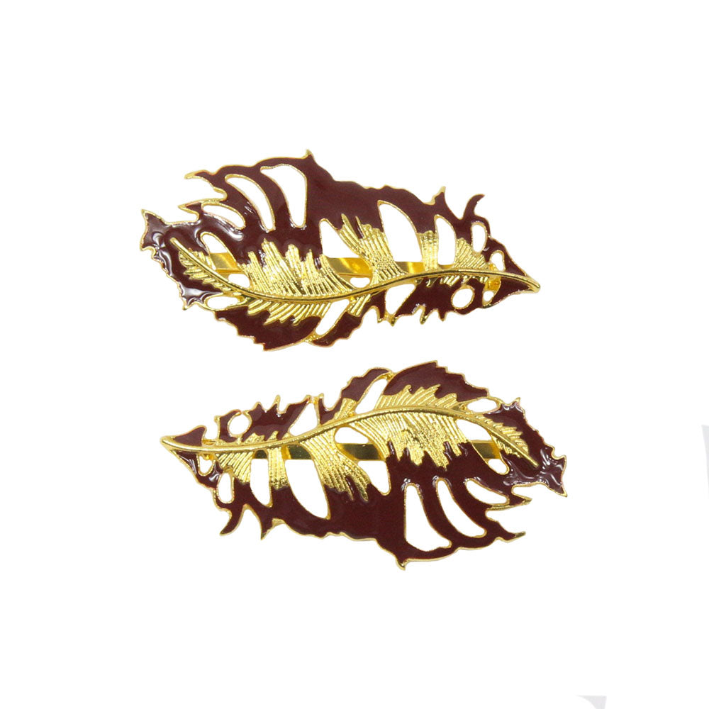 Jacinta - Wine Red & Gold Feather Hair Slides