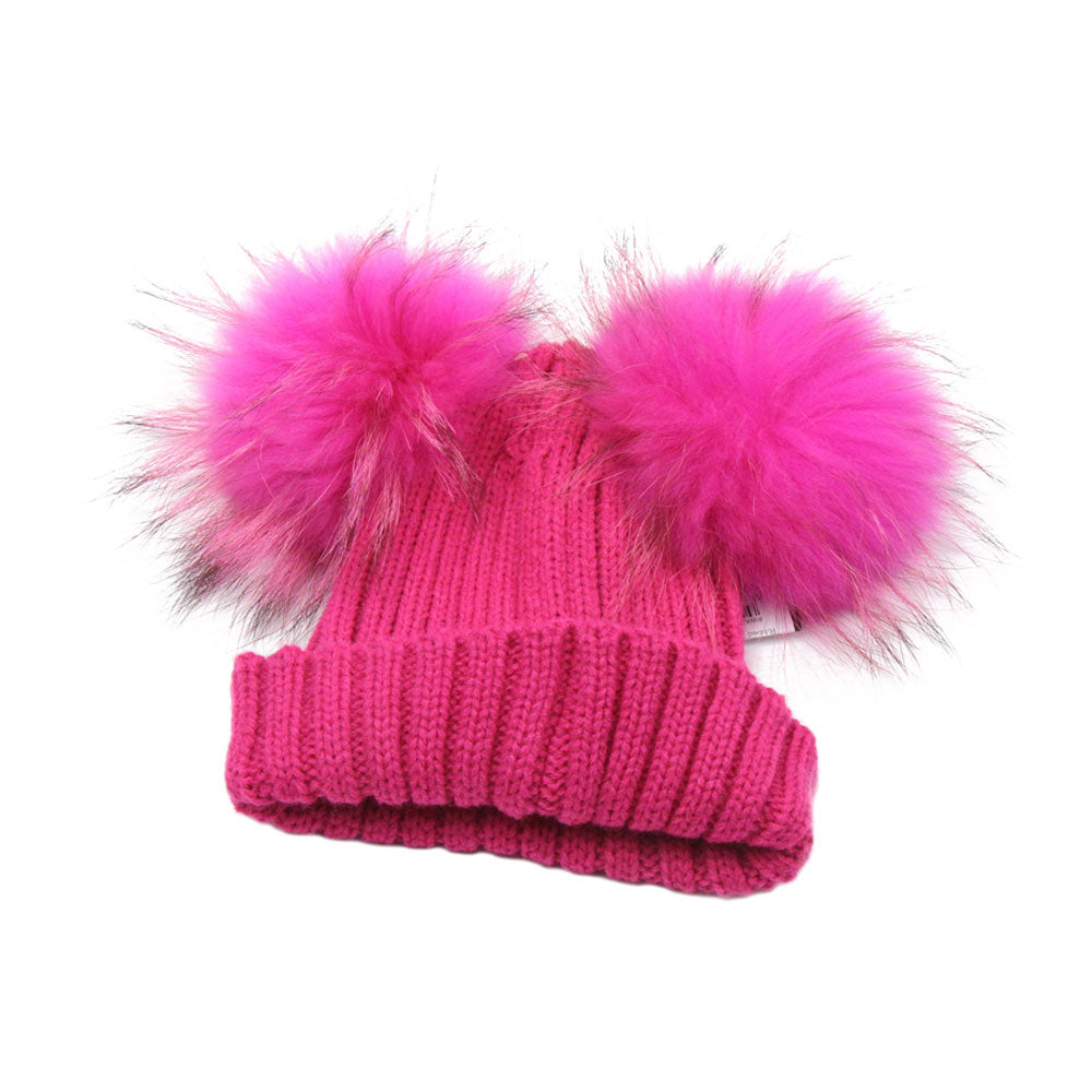 Ribbed 2 Pom Pom Hat – Bright Pink S/M