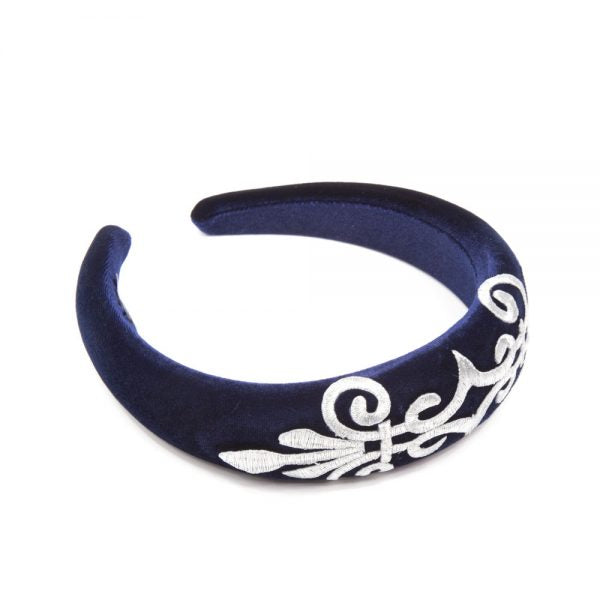 Gabriella - Navy Velvet Padded Hairband With Silver Scroll