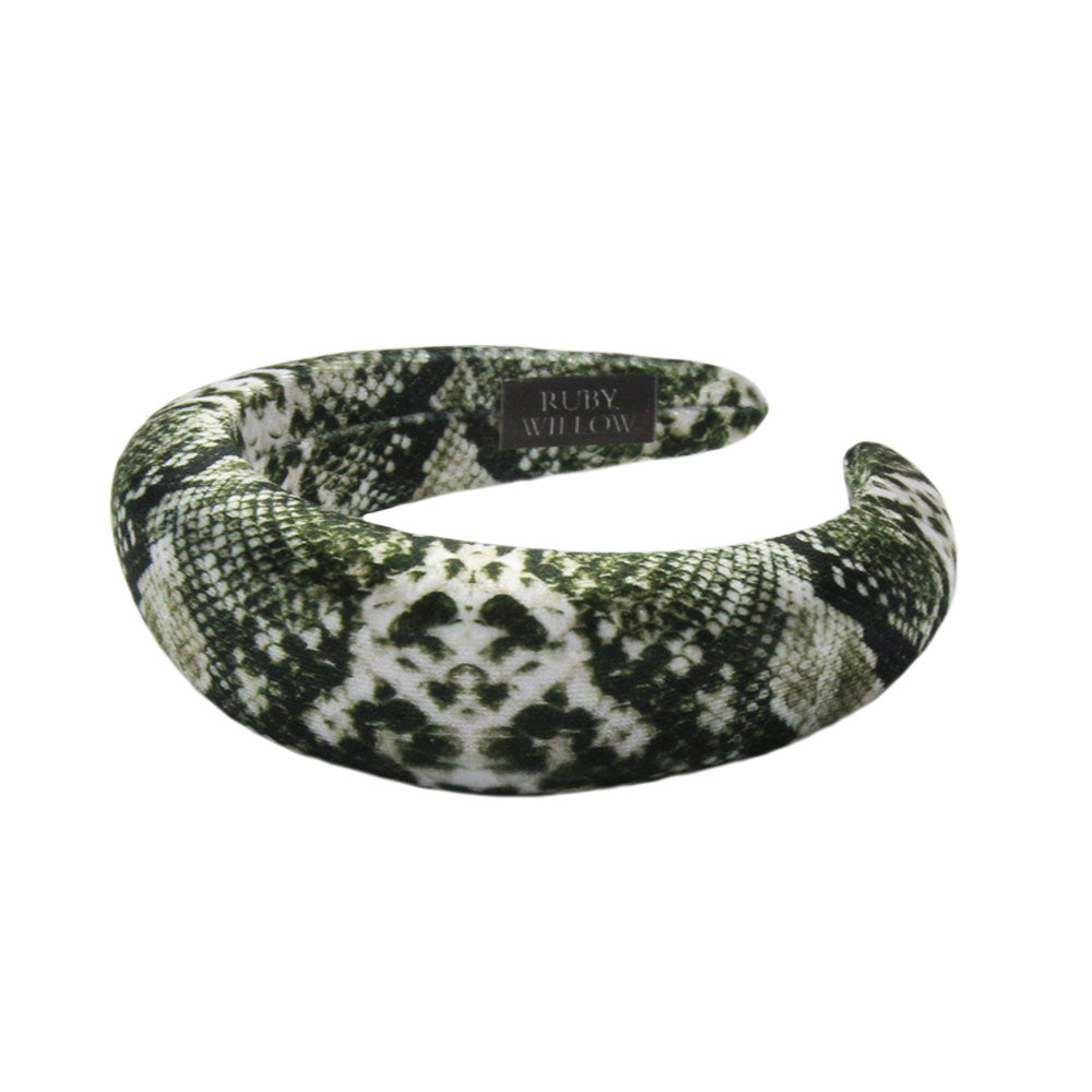 Sally - Olive Green Snake Print Velvet Hairband