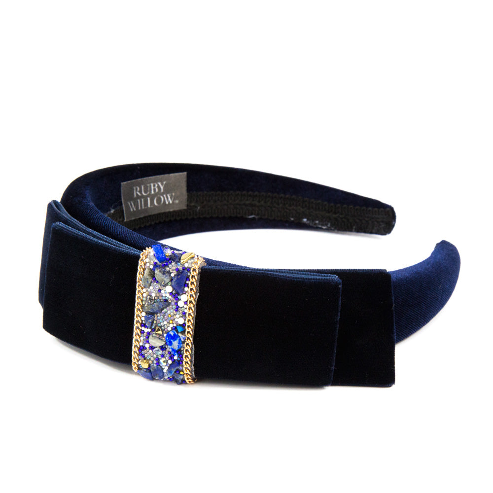Hannah - Navy Velvet Crystal Bow Hairband