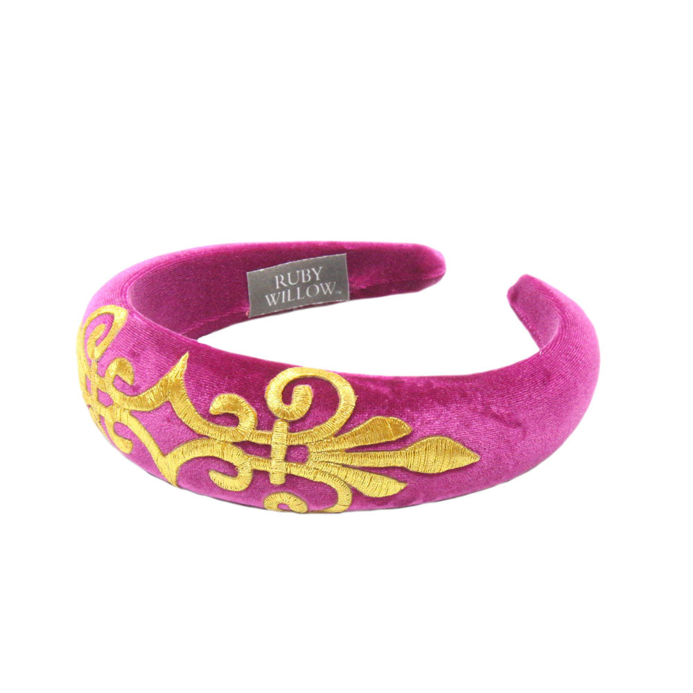 Gabriella - Fuchsia Velvet Padded Hairband With Gold Scroll