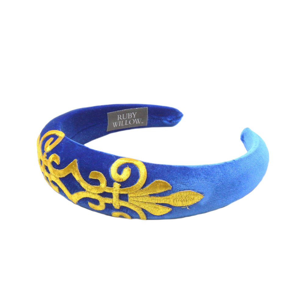 Gabriella - Royal Blue Velvet Padded Hairband With Gold Scroll